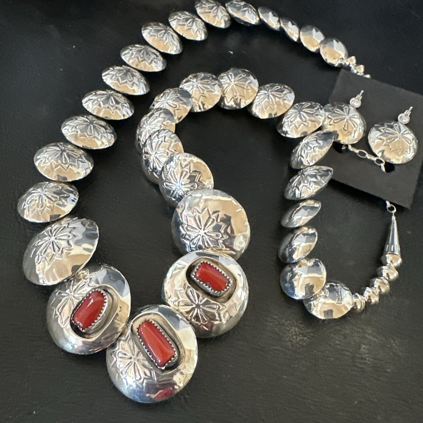 Reversible Coral Turquoise Navajo Sterling Silver Necklace Earrings 24" 17769