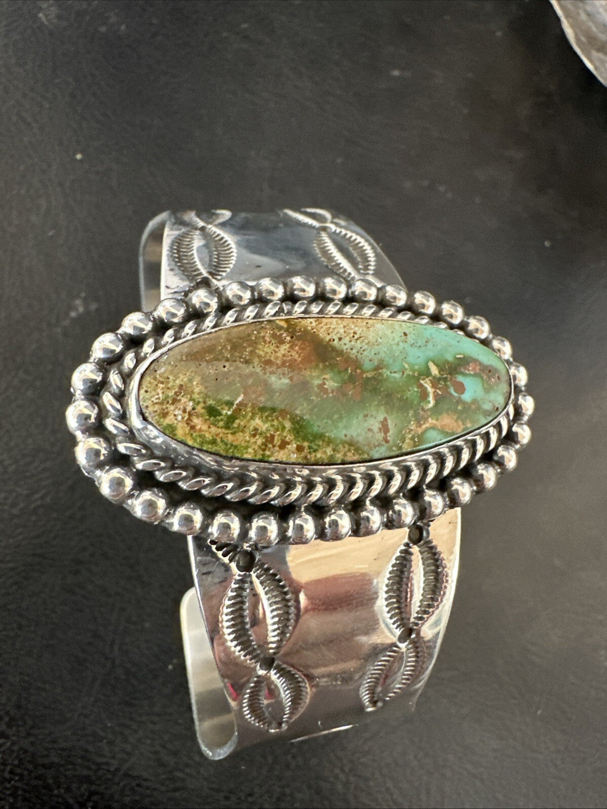 Navajo Green Royston TURQUOISE Stamped Sterling Silver Cuff Bracelet 18642