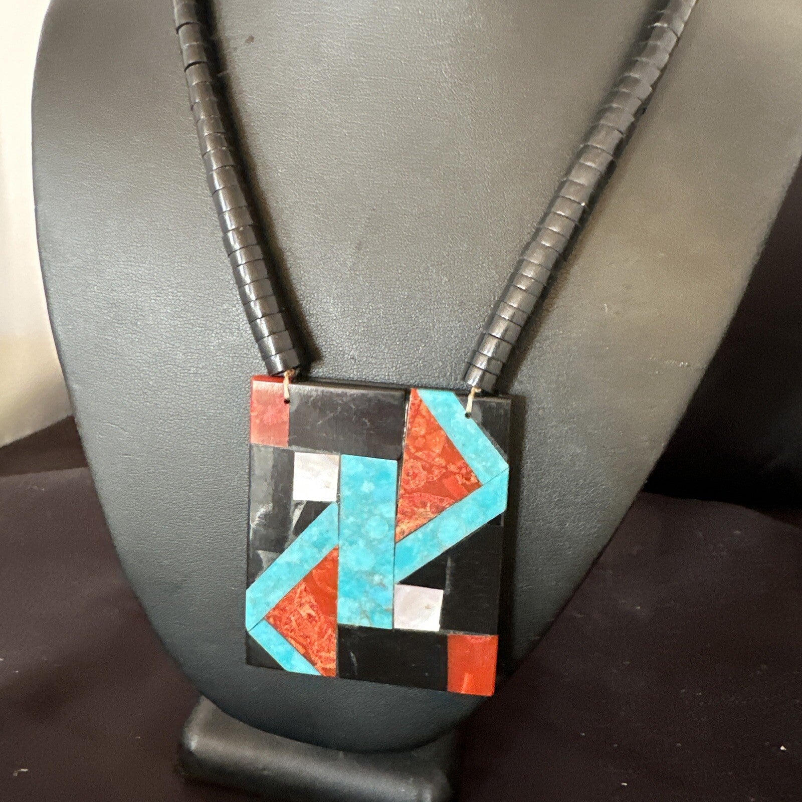 Blue Turquoise Black Onyx Santo Domingo Sterling Silver Necklace 21” 15666