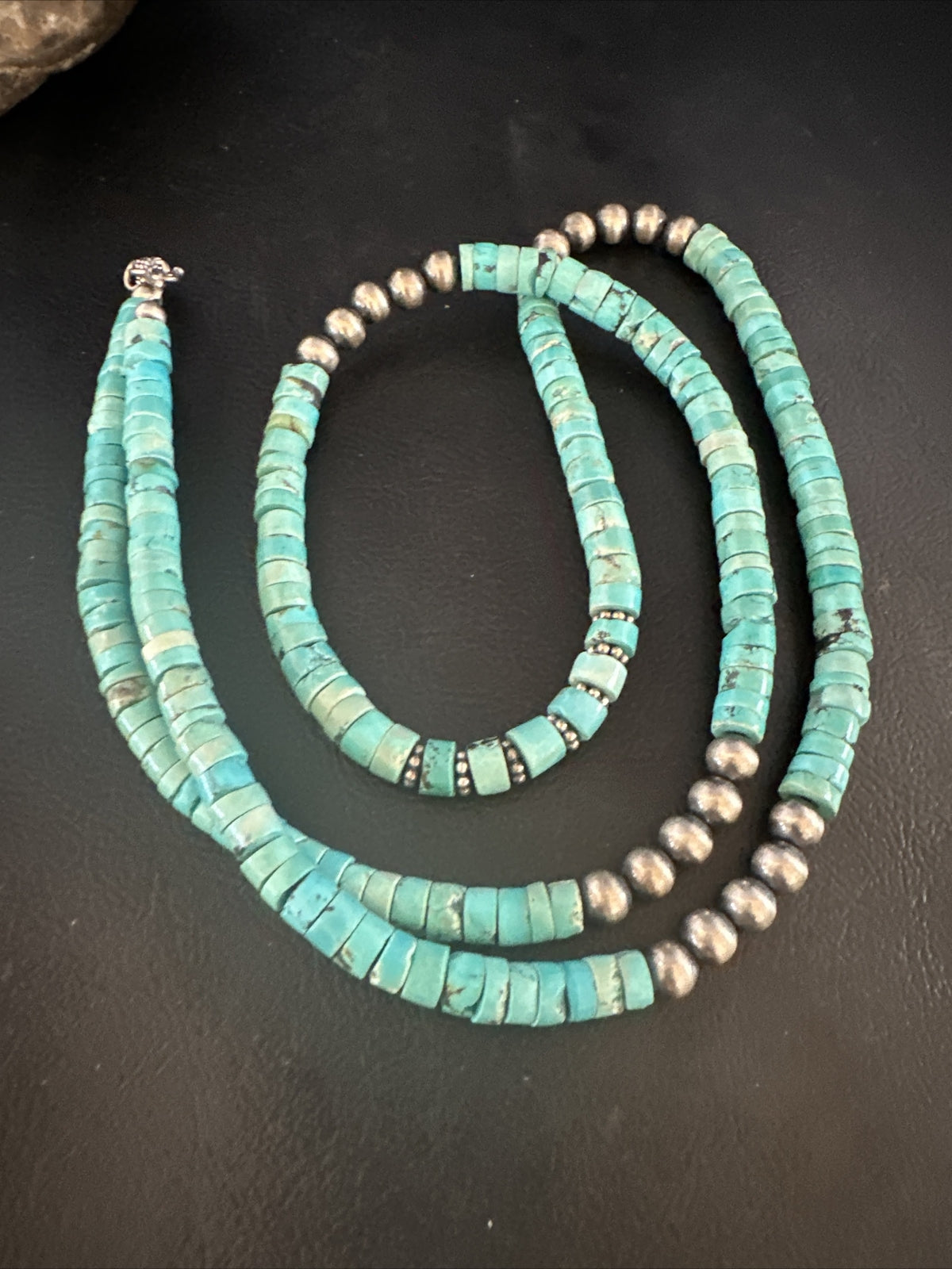 USA Blue Turquoise 21” Heishi Sterling Silver Bead Necklace 15164