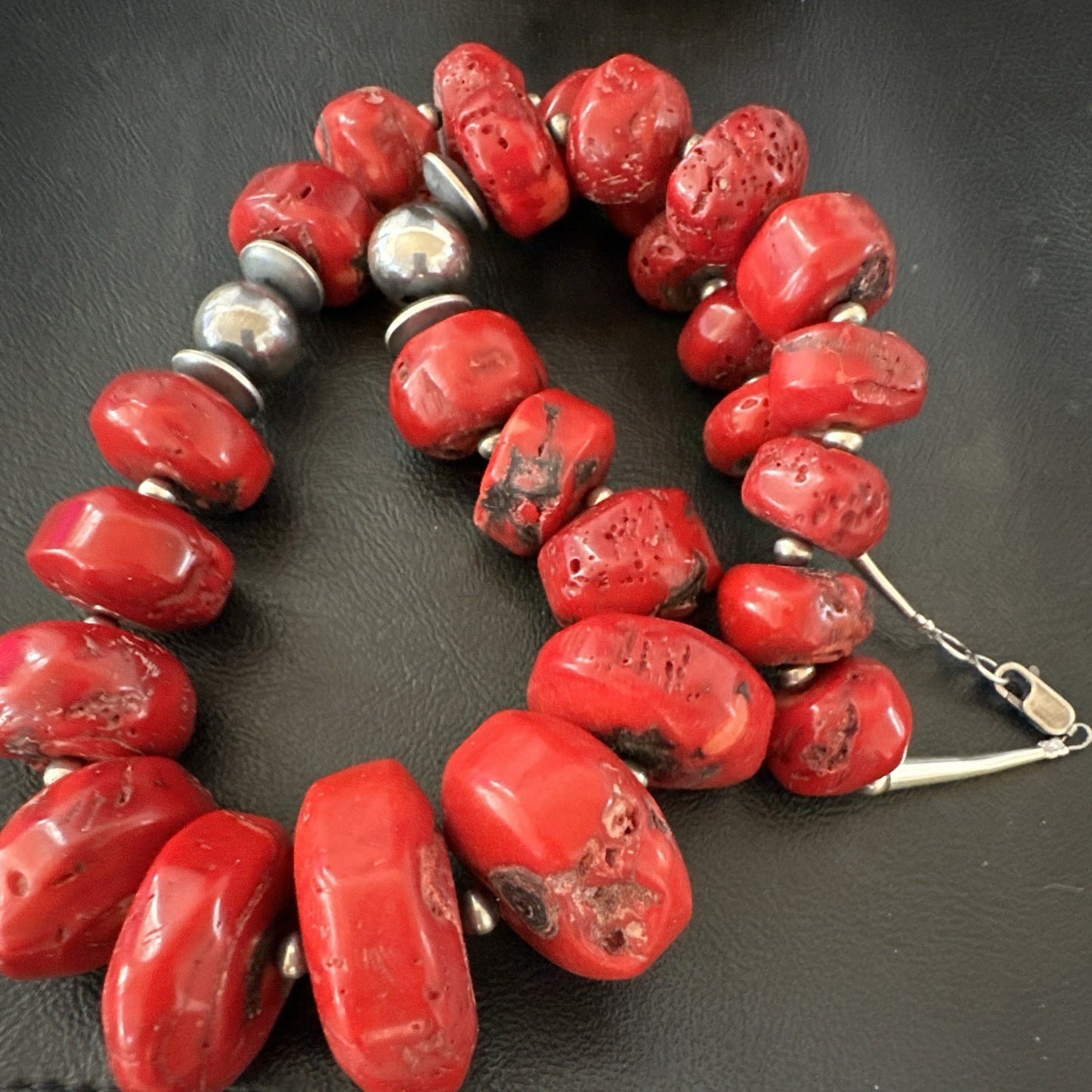 Chunky Navajo Red Bamboo Coral Sterling Silver Bead Necklace 24” Graduated 19530