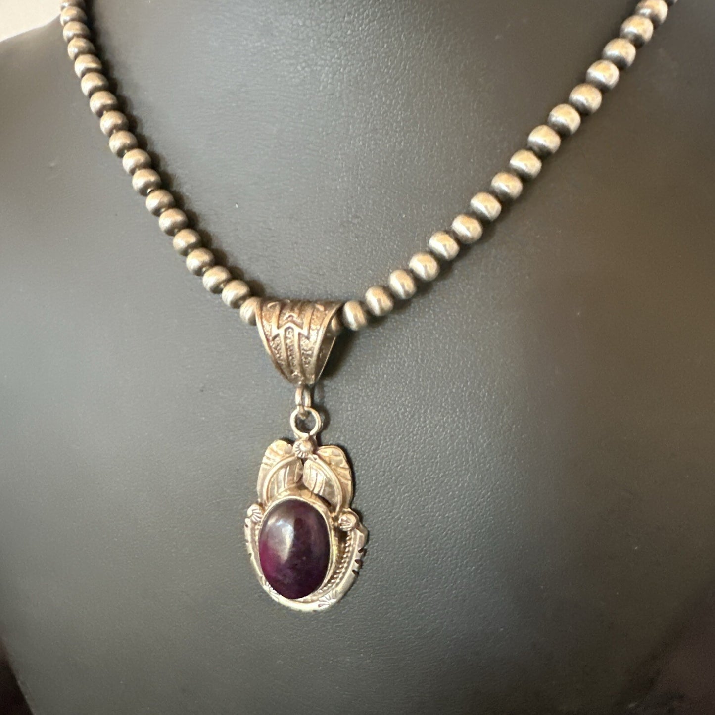 Purple Stone Pendant Navajo Pearls Sterling Silver Necklace 20” 18404