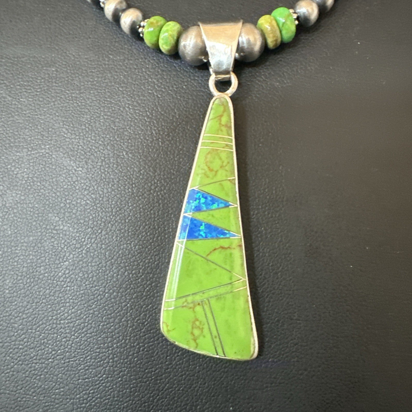 Blue Green Turquoise  Gaspeite Pendant Navajo Sterling Silver Necklace 19665