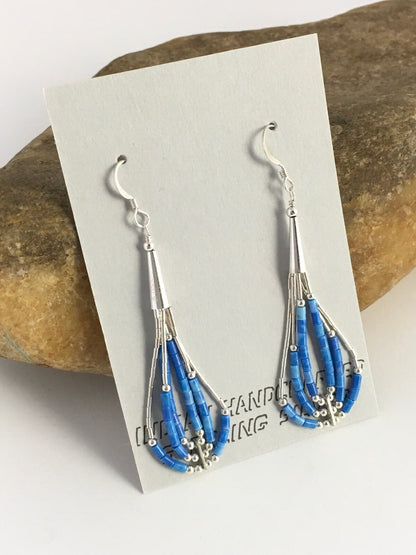 Blue Turquoise Heishi Tube Liquid Sterling Silver Dangle Earrings 2” 8873