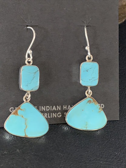 Blue Kingman Turquoise Navajo Sterling Silver Dangle Earrings 1.5" 14076