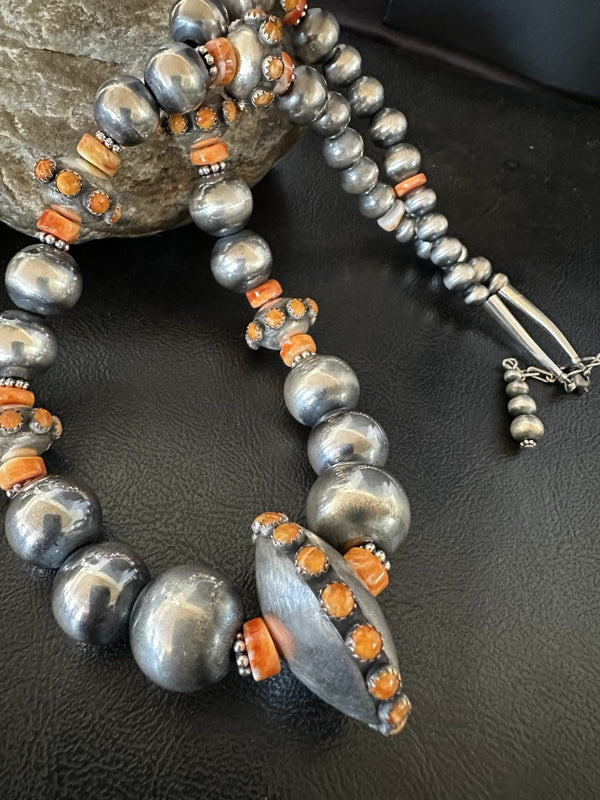 Orange Spiny Oyster Navajo Pearls Graduated Necklace 23" | Sterling Silver | Authentic Native American Handmade | 19446