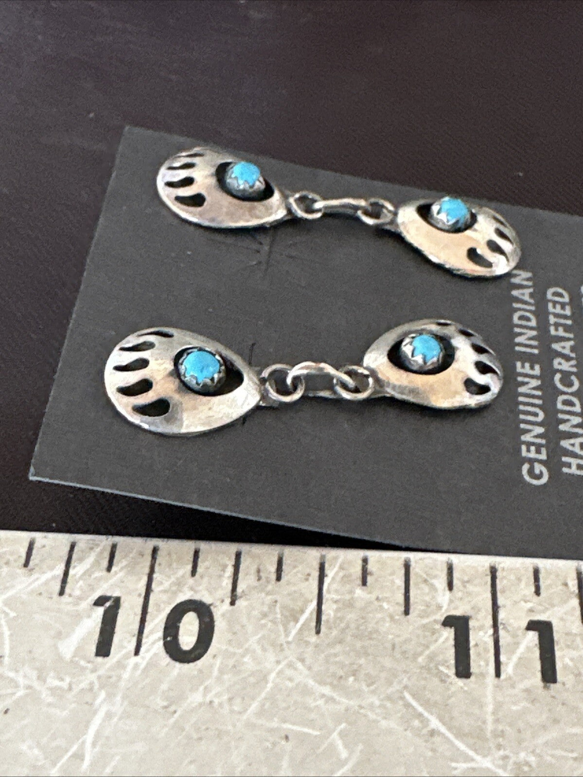 Navajo Blue Turquoise Sterling Silver Post Dangle Bear Paw Earrings 1.30" 4520