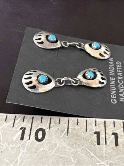 Navajo Blue Turquoise Sterling Silver Post Dangle Bear Paw Earrings 1.30" 4520