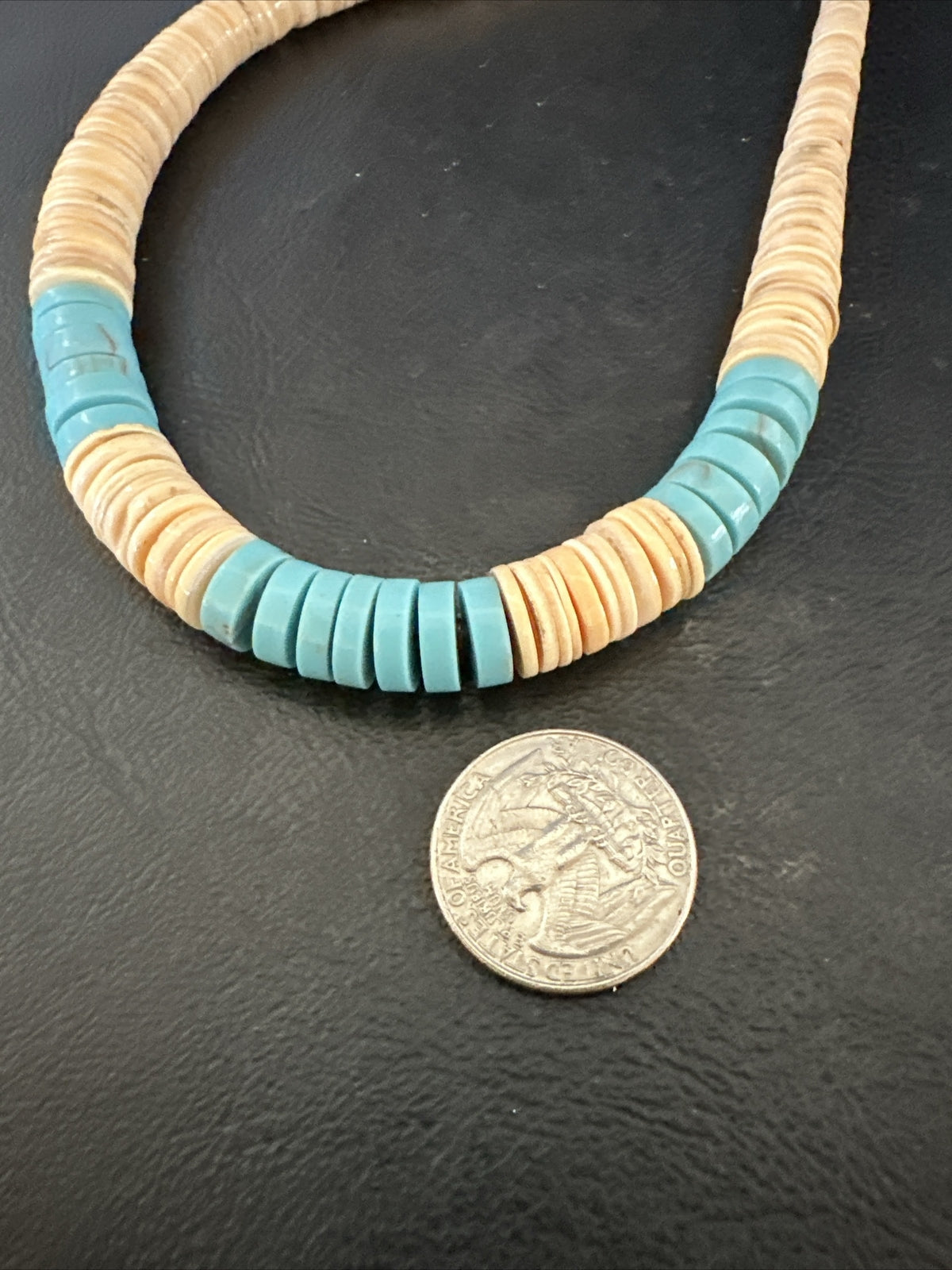 Native Santo Domingo Beige Shell Blue Turquoise 24” Necklace 17764
