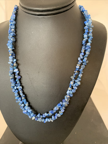 Blue Lapis Bead Liquid Heishi 2 Strands Sterling Silver Tubes Necklace 00851