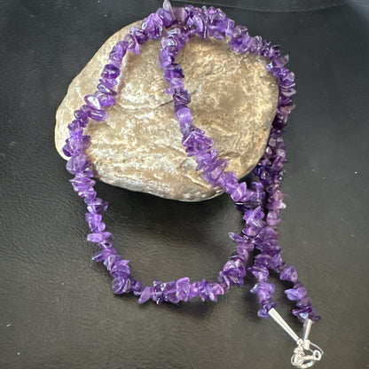 Purple Nugget Amethyst Southwestern Sterling Silver Beads Necklace 26” 18820