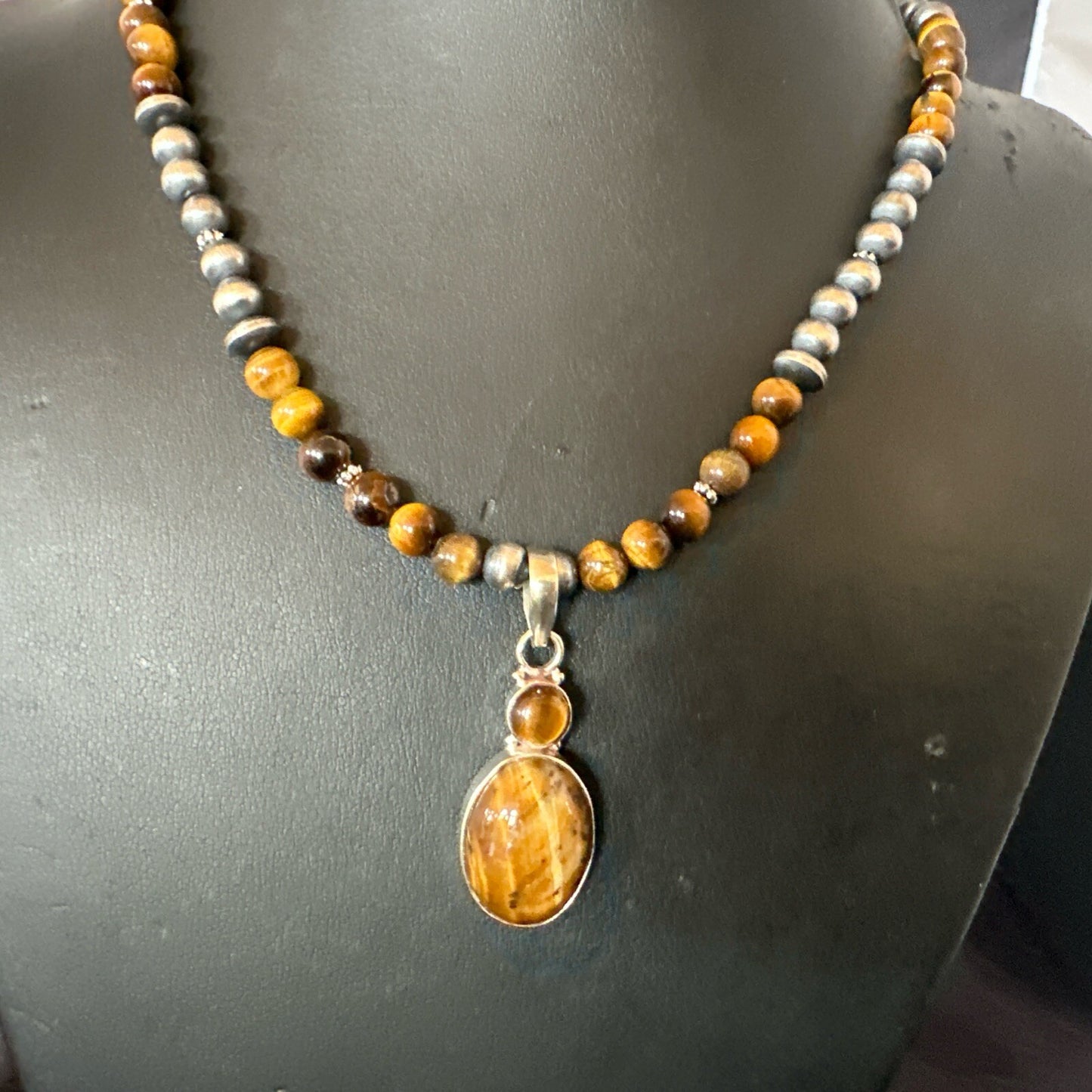 Coffee Brown Tigers Eye Sterling Silver Pendant Necklace Southwestern 18279