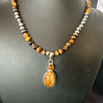 Coffee Brown Tigers Eye Sterling Silver Pendant Necklace Southwestern 18279