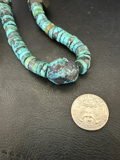 Native Turquoise Nugget Heishi Bead Navajo Sterling Silver Necklace 17745