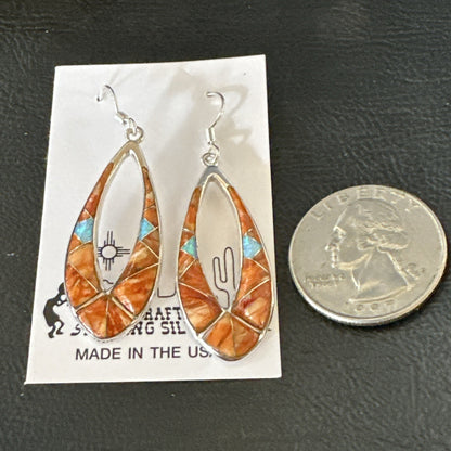 Women Opal Spiny Oyster Inlay Southwestern Sterling Silver Dangle Earrings 19136