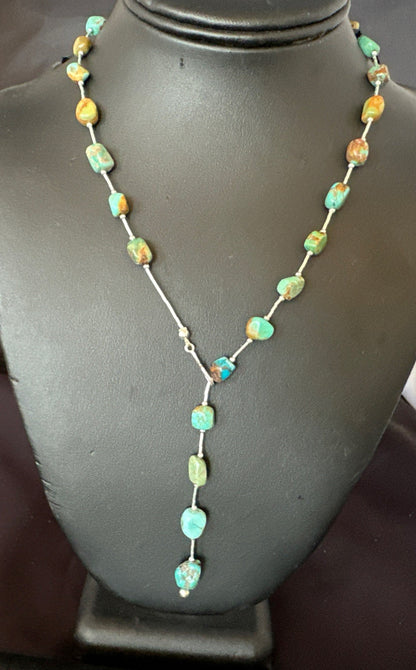 Green Turquoise Liquid Heishi Sterling Silver Nugget  20" Necklace 19046