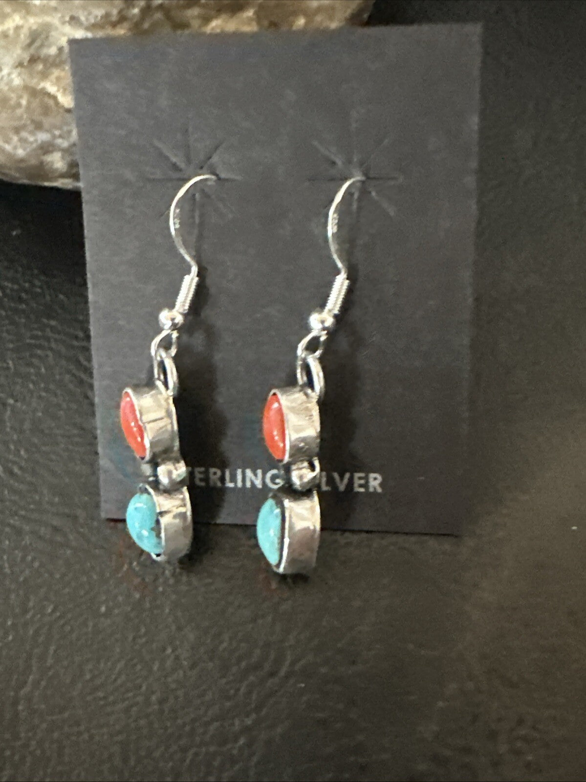 Handmade Blue Turquoise Red Coral Sterling Silver Navajo Dangle Earrings 18846