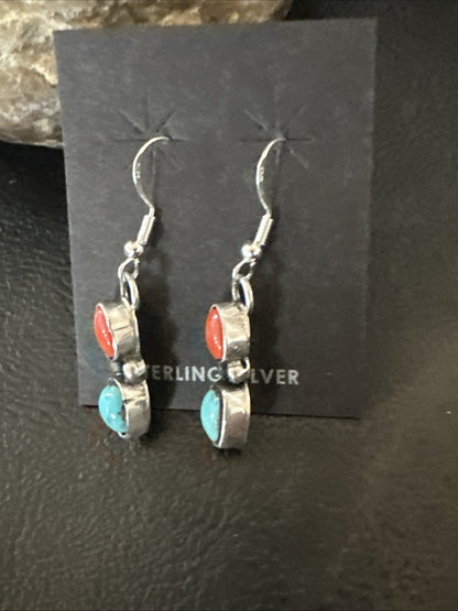 Handmade Blue Turquoise Red Coral Sterling Silver Navajo Dangle Earrings 18846