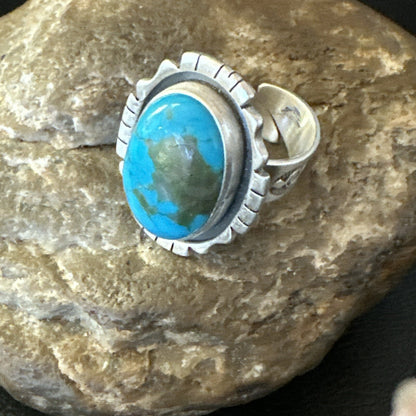 Blue Kingman Turquoise Navajo Sterling Silver Adjustable Ring Size 8 18825