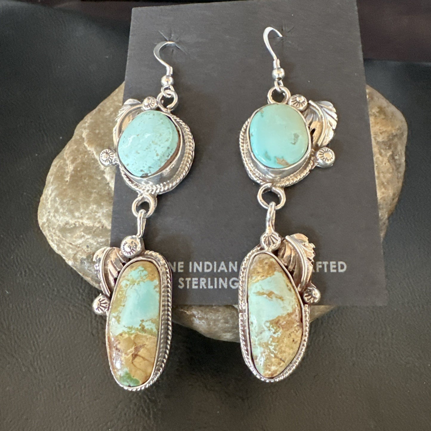Green Royston Turquoise Navajo Sterling Silver Dangle Earrings 19601