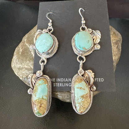 Green Royston Turquoise Navajo Sterling Silver Dangle Earrings 19601