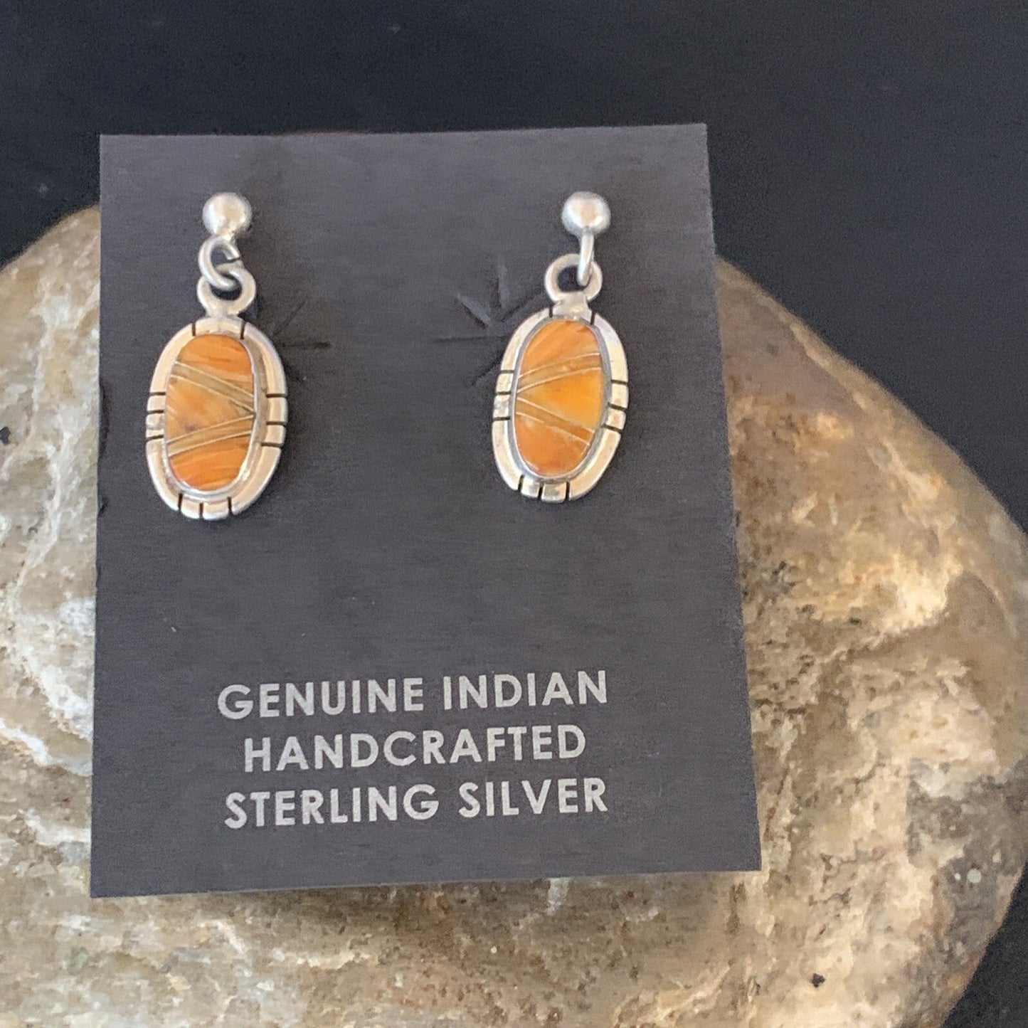 Orange Spiny Oyster Navajo Sterling Silver Dangle Inlay Earrings 12680