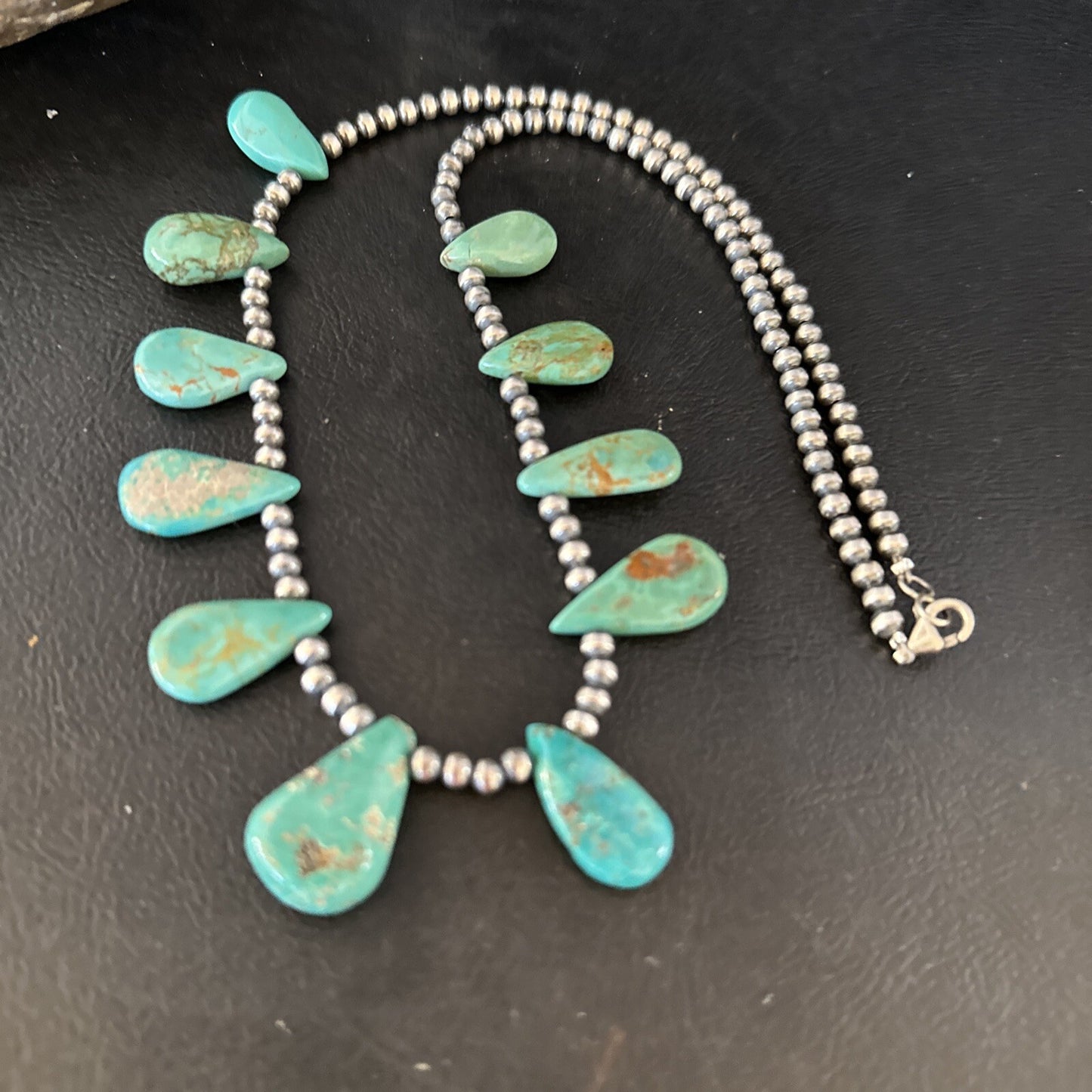 Blue Turquoise Teardrop Navajo Pearls Sterling Silver Necklace 14390