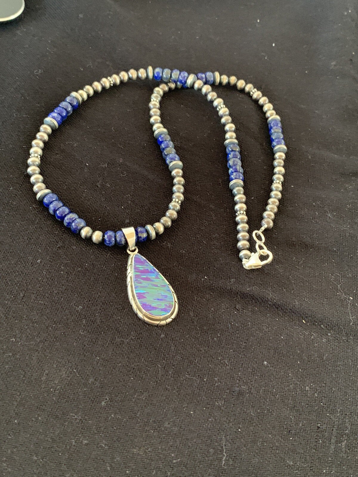 Native Navajo Sterling Silver Purple Opal Lapis Necklace Pendant 00591