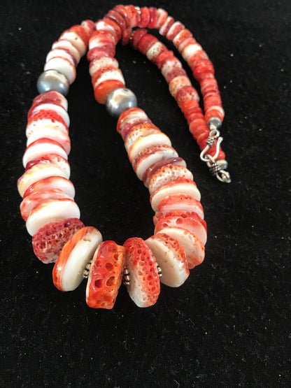 Native American Red Spiny Oyster Navajo Sterling Silver Necklace 08484