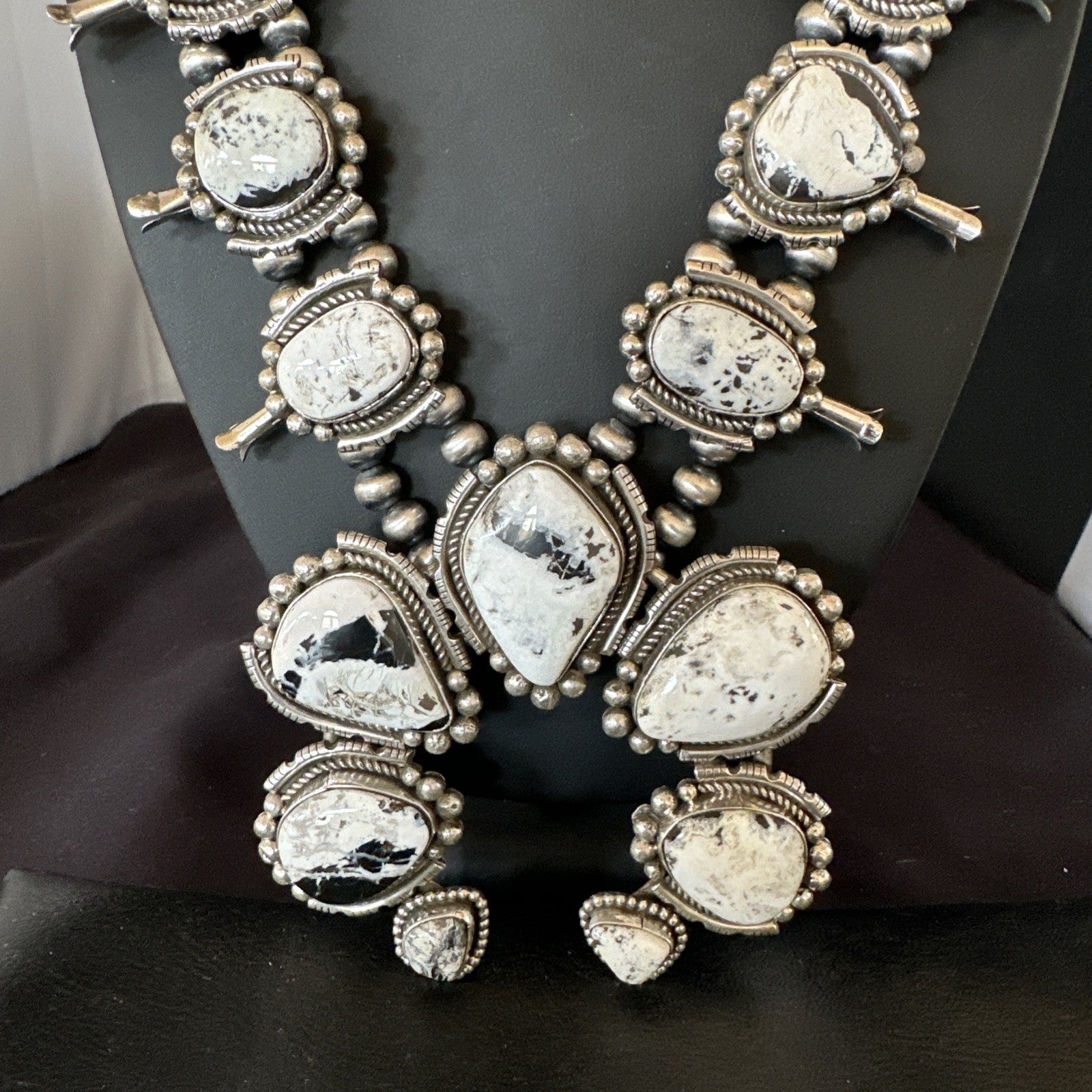 White Buffalo Turquoise Pendant Navajo Sterling Silver Squash Necklace 19305