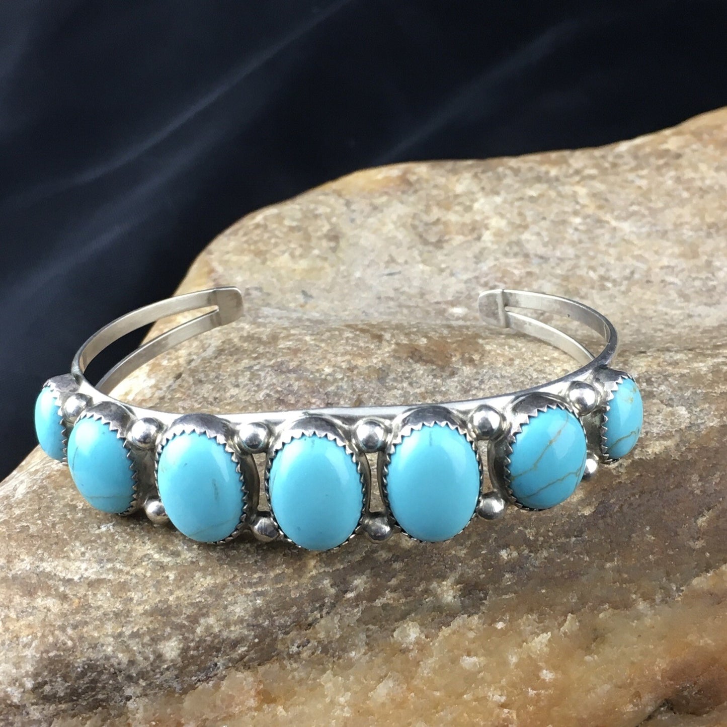 Native Mens Navajo Sterling Silver Kingman Turquoise Bracelet 7 Stone 10244