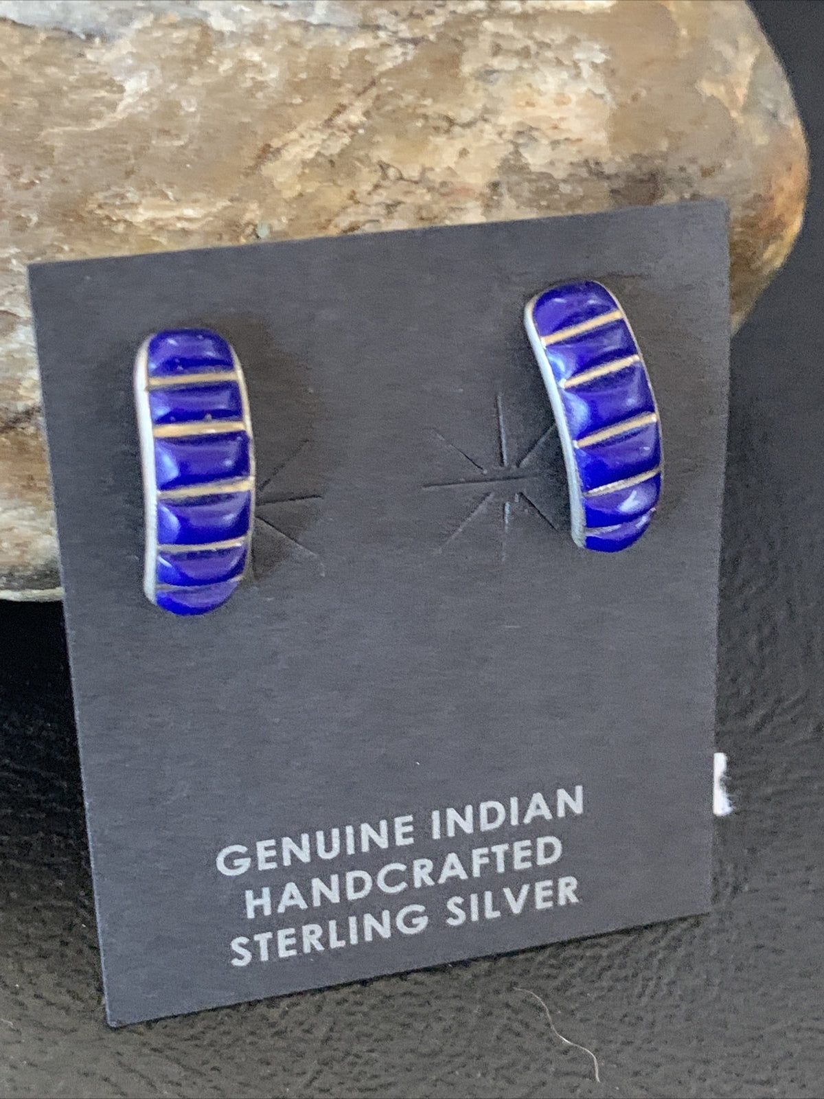 Blue Lapis Sterling Silver Multi-Stone Post Stud Inlay Earrings 0.5" 12708