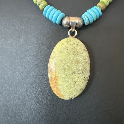 Green Gaspeite Pendant Blue Turquoise Navajo Sterling Silver Necklace 20" 19668