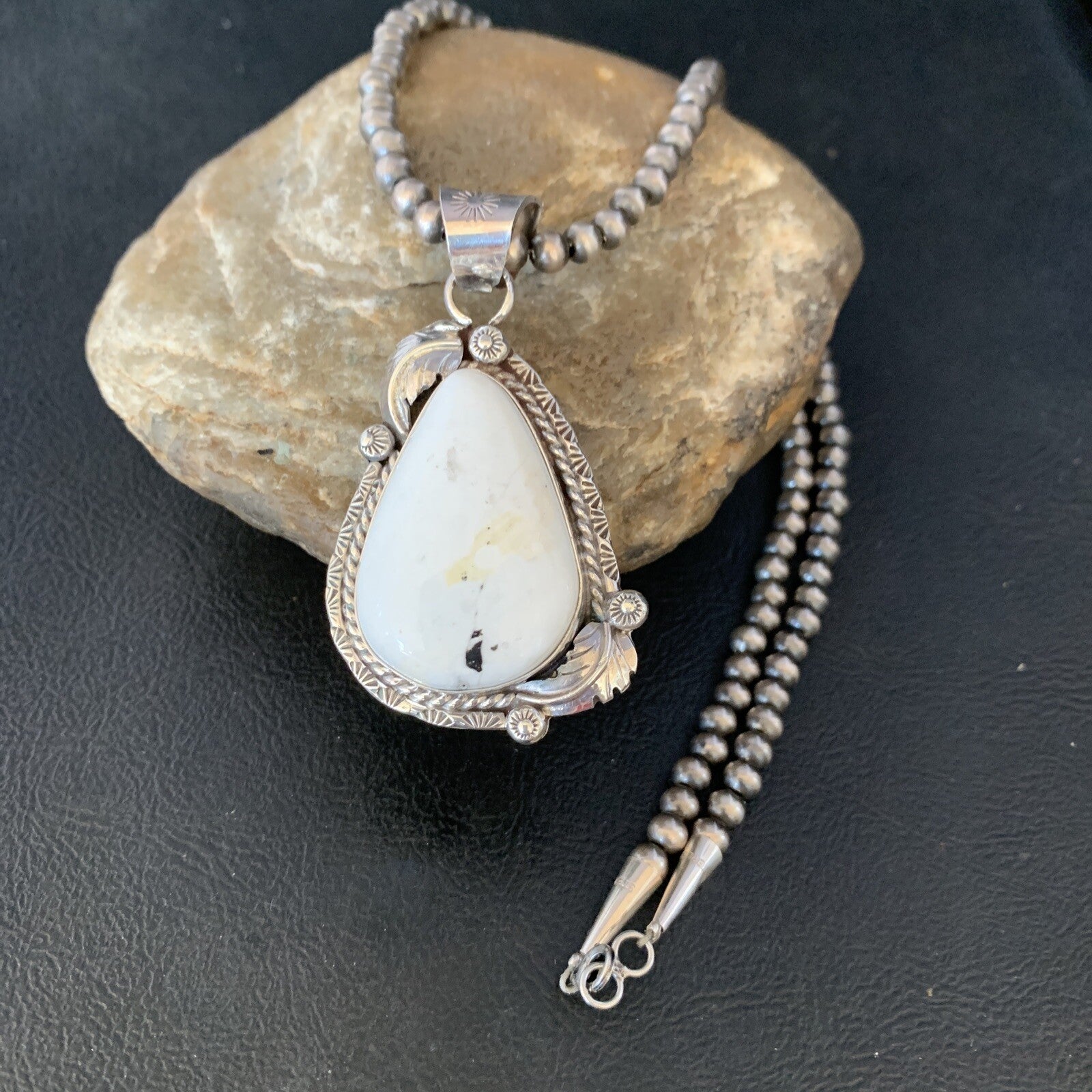 Mens White Buffalo Turquoise Pendant Sterling Silver Beads Necklace 19306