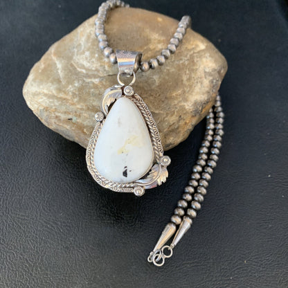 Mens White Buffalo Turquoise Pendant Sterling Silver Beads Necklace 19306