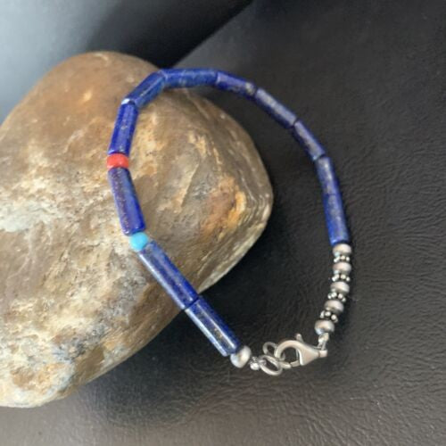 Navajo Lapis Turquoise Coral Beaded Bracelet Sterling Silver 7" 13117