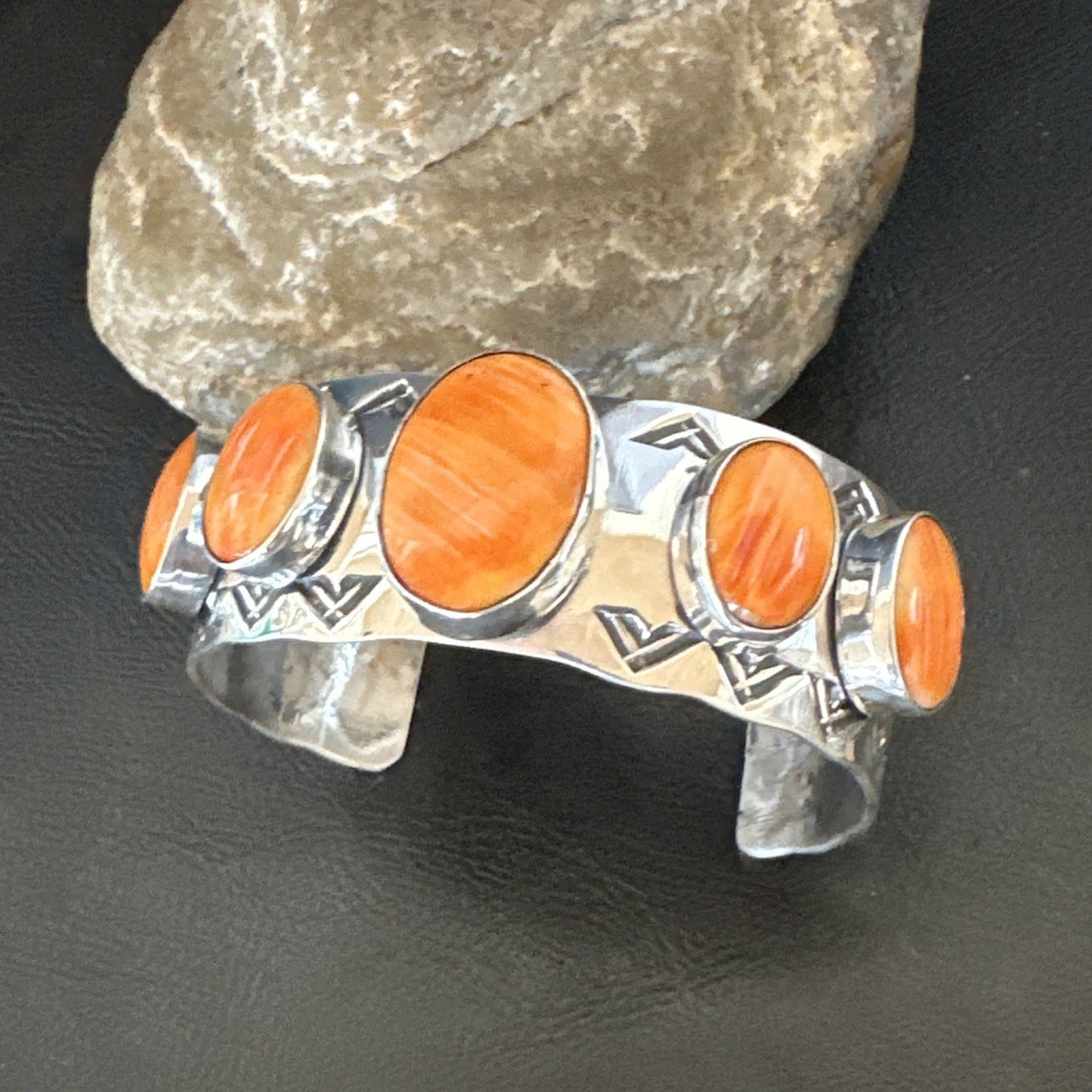 Orange Spiny Oyster 5 Stone Row Sterling Silver Navajo Cuff Bracelet 7.7" 19475