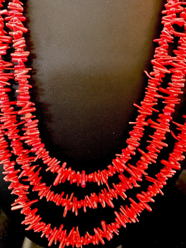Navajo Indian 3S Red Natural Branch Coral Sterling Silver Necklace 17709