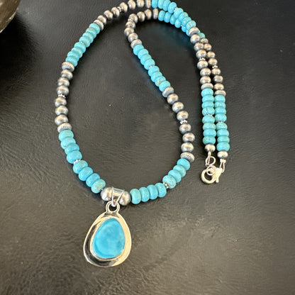 Mens Blue Kingman Turquoise Pendant Navajo Sterling Silver Necklace 21" 18111