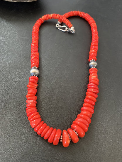 Red Coral Graduated Navajo Pearls Sterling Silver Bead Necklace 18" 01950