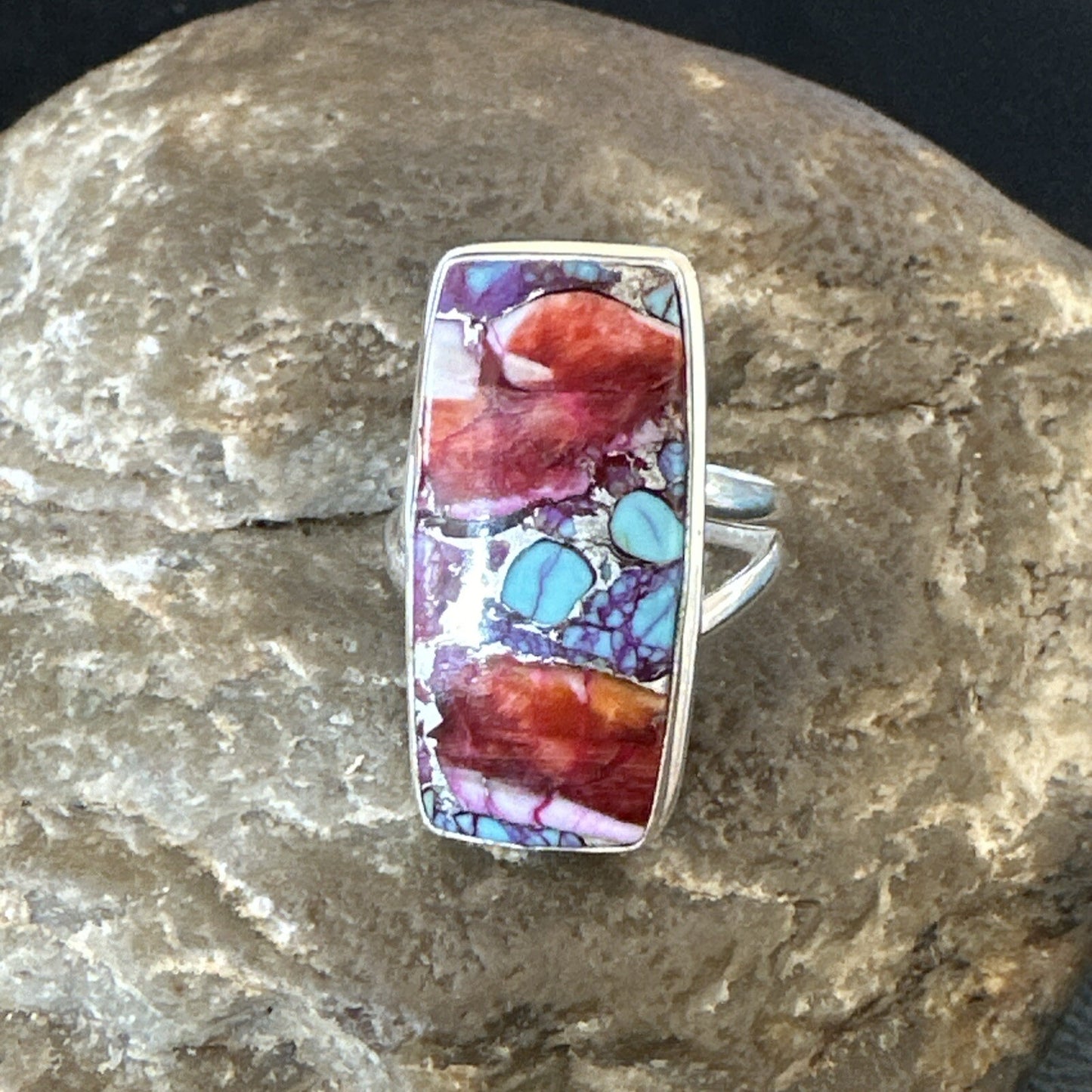 Blue Turquoise Spiny Oyster Southwestern Sterling Silver Ring Size 7 18491