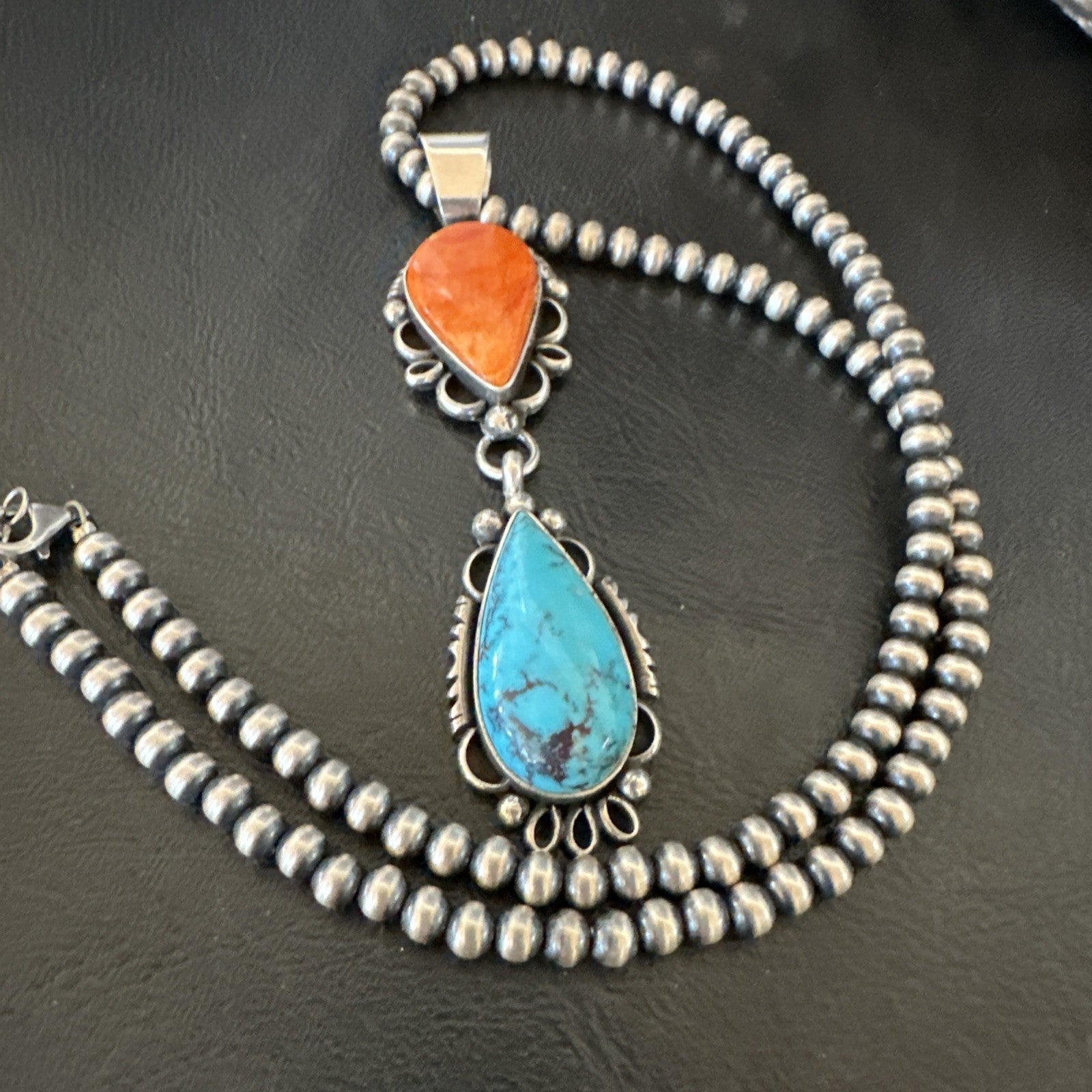 Multicolor Turquoise Spiny Navajo Sterling Silver Cluster Pendant Necklace 19558