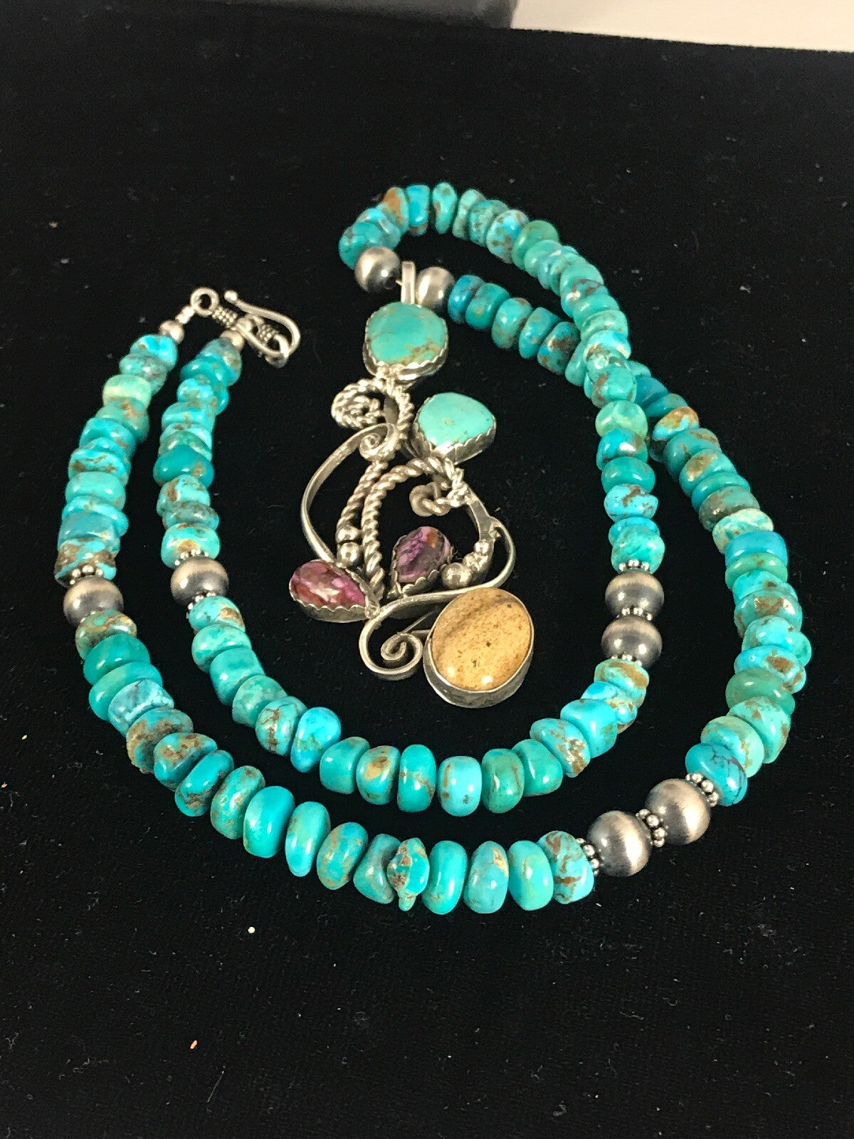 Blue Turquoise, Spiny Oyster Pendant Navajo Pearls Sterling Silver Necklace 8487