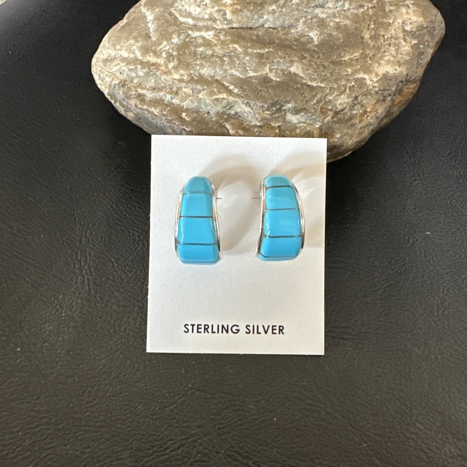 Southwestern Sterling Silver Blue Turquoise Stud Inlay Earrings 1” 19267