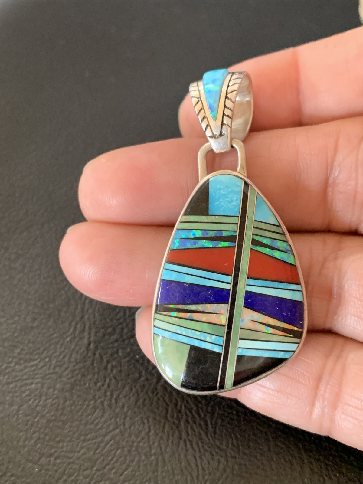 Womens Turquoise Coral & Opal Navajo Sterling Silver Inlay Pendant 12494