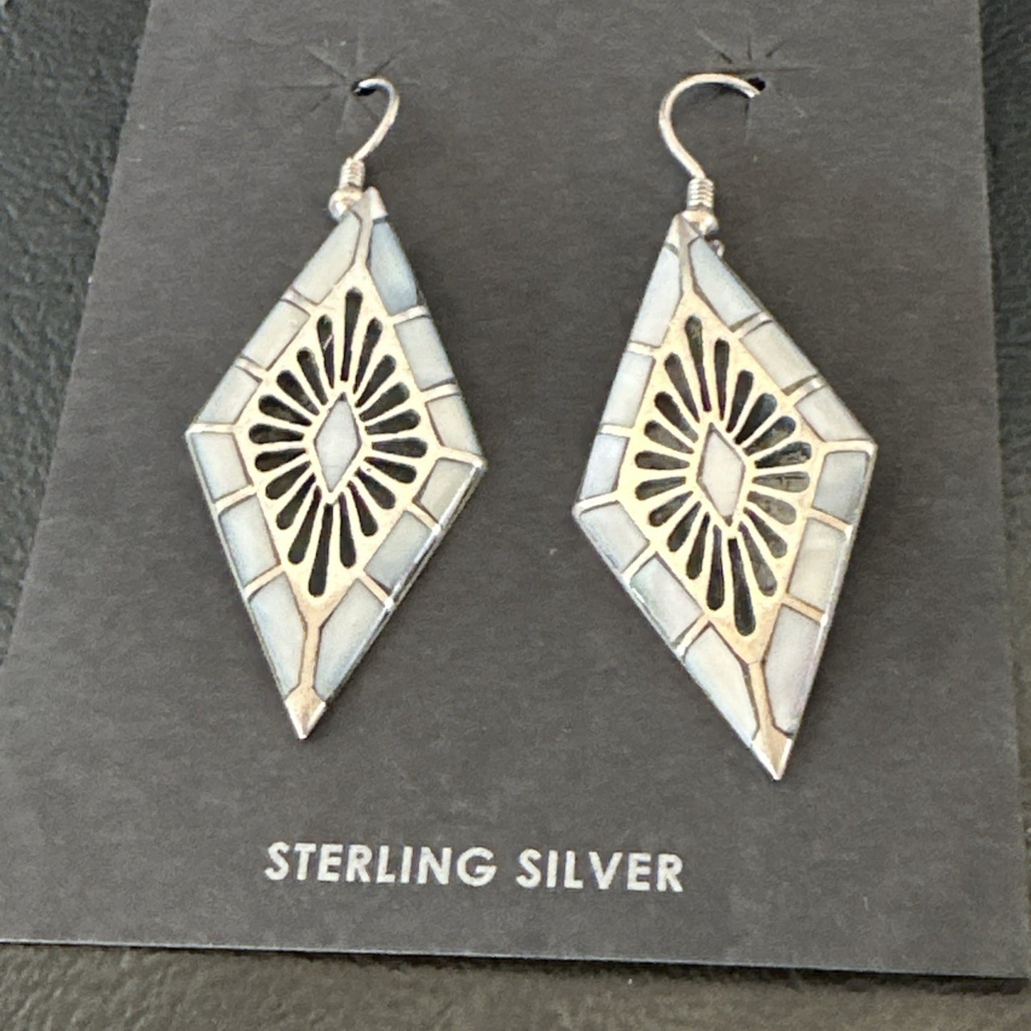 White Mother of Pearl Navajo Sterling Silver Dangle Inlay Earrings 19014