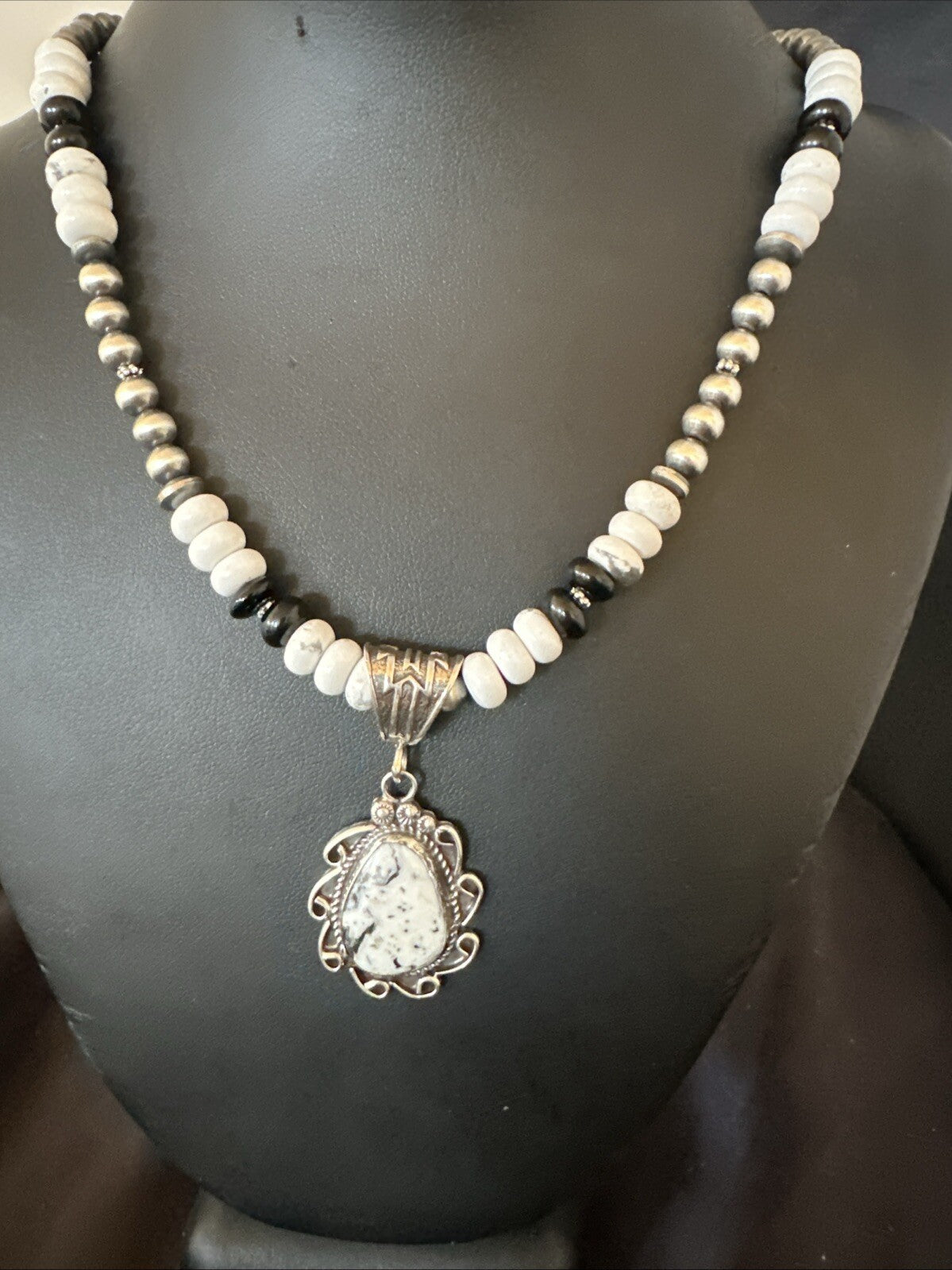 White Buffalo Turquoise Pendant Howlite Navajo Sterling Silver Necklace 24”18724