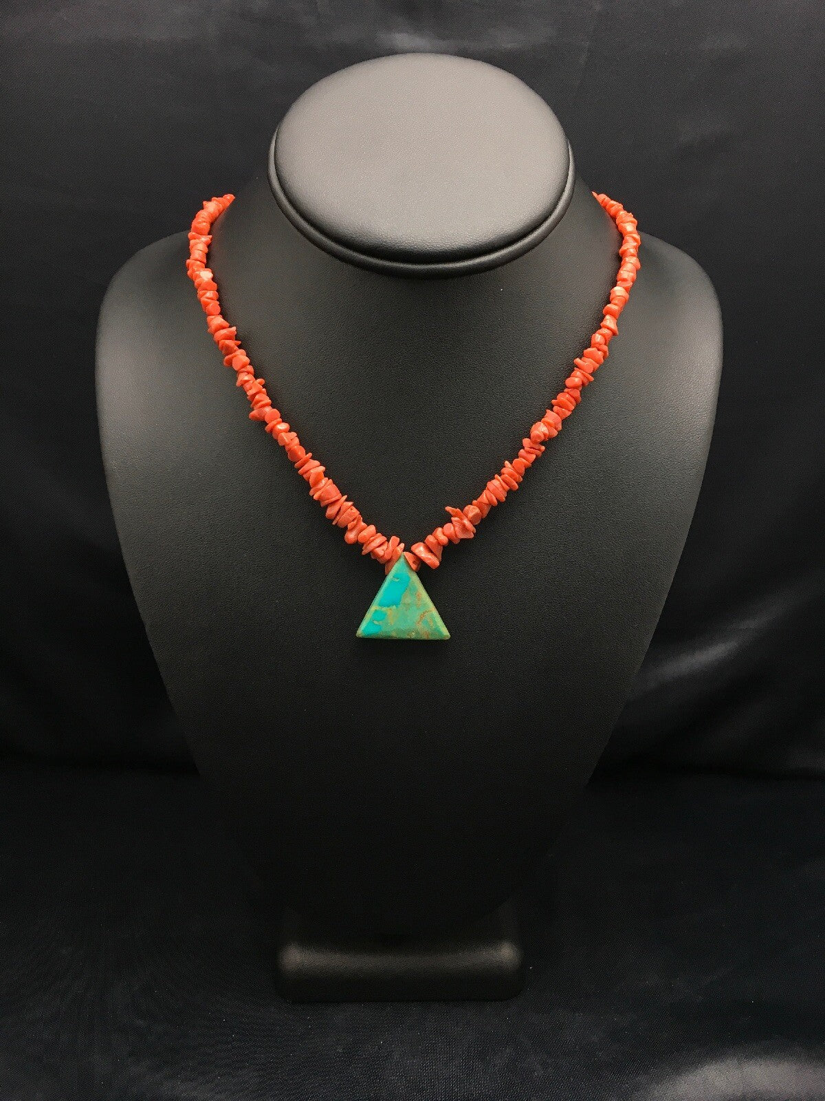 Kingman Turquoise Pendant Coral Sterling Silver Old Pawn Necklace 19" 4008