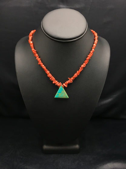 Kingman Turquoise Pendant Coral Sterling Silver Old Pawn Necklace 19" 4008