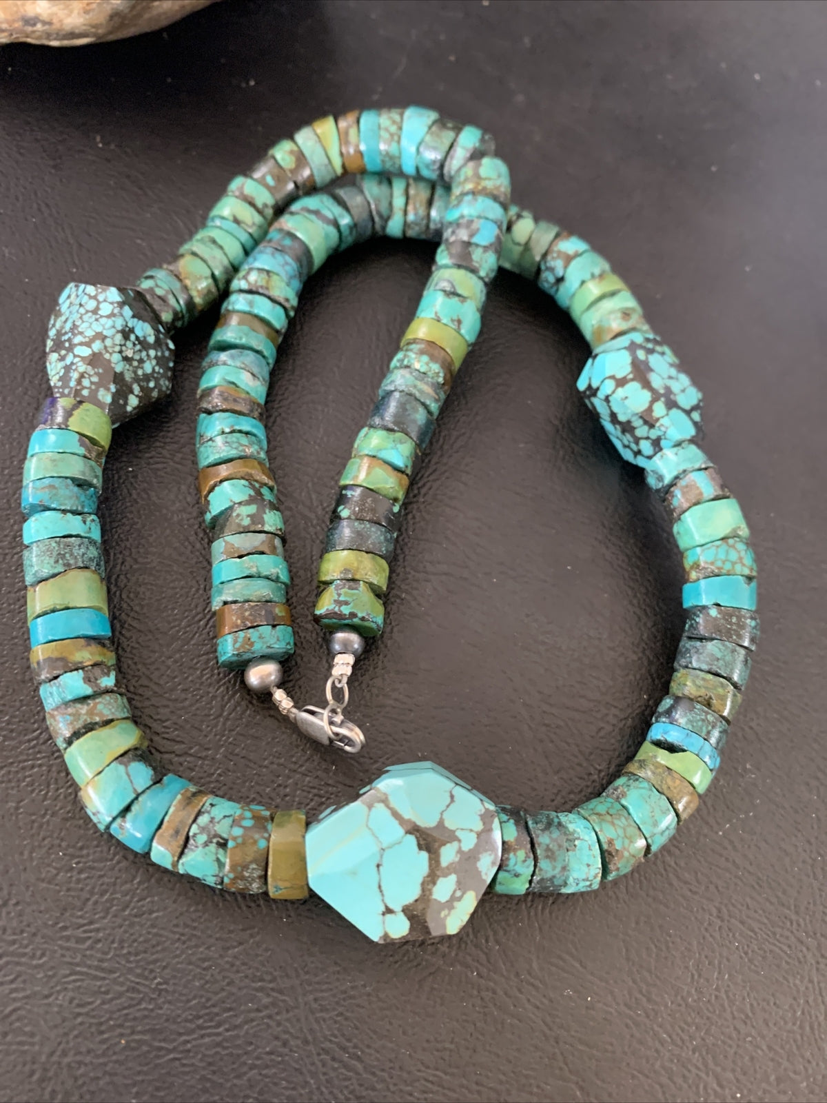 Men Chunky Spiderweb Turquoise Heishi Navajo Sterling Silver Necklace 21” 124506